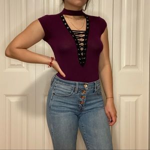 Purple lace up bodysuit short sleeves size small